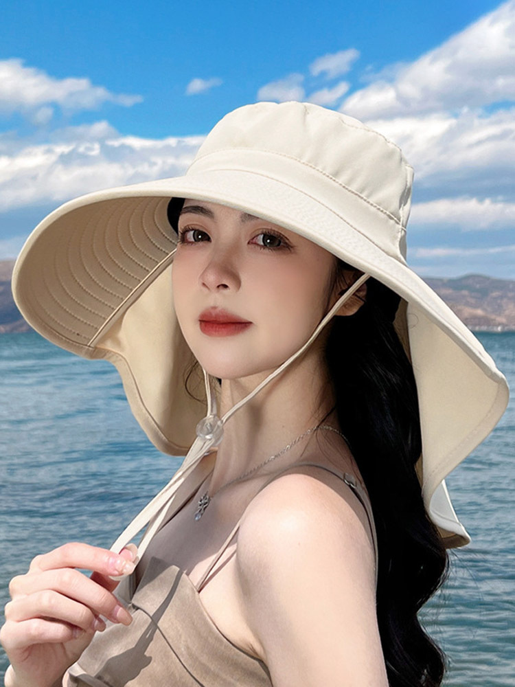 丁摩 防晒太阳帽带马尾孔帽子女大檐披肩渔夫帽潮8112·8112-成人香槟米