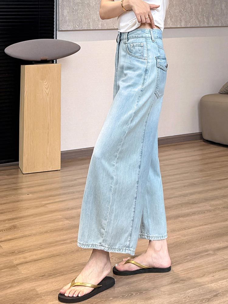 婵阅专柜高货夏季冰川蓝轻飘牛仔裤【走路带风】凉感天丝亚麻薄软牛仔9分裤·26639-冰川蓝
