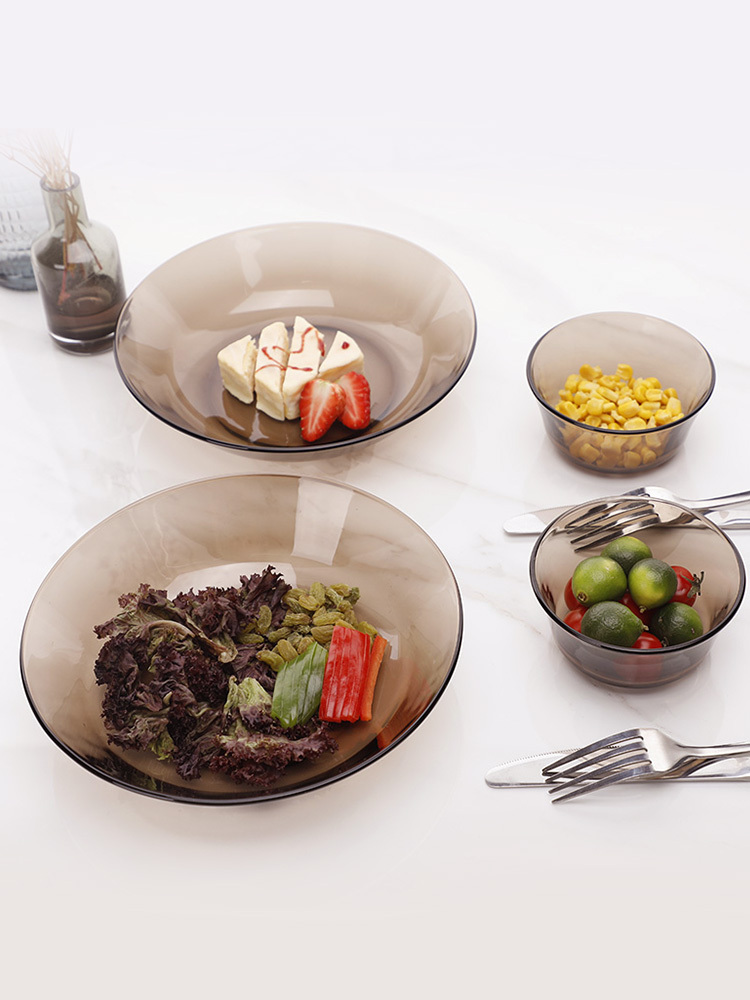 DURALEX法国原装进口钢化玻璃餐具咖啡色套装双人四件组合餐具沙拉碗饺子盘