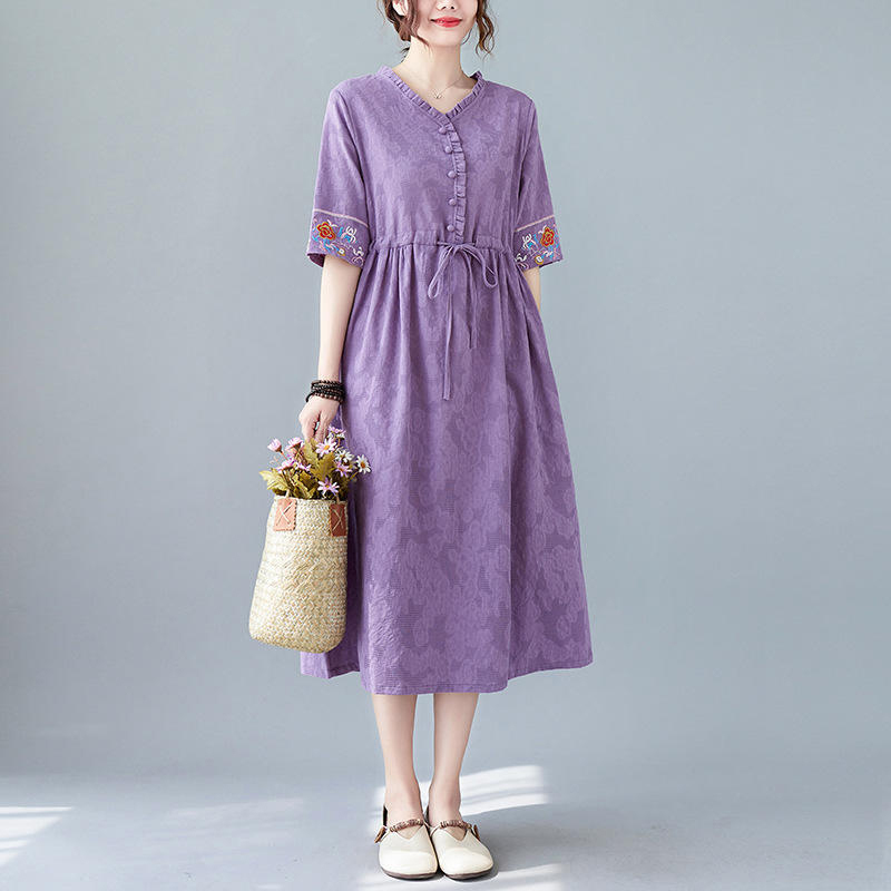 岐氏姐妹 民族风棉麻连衣裙收腰刺绣裙子C063-001 H·紫色