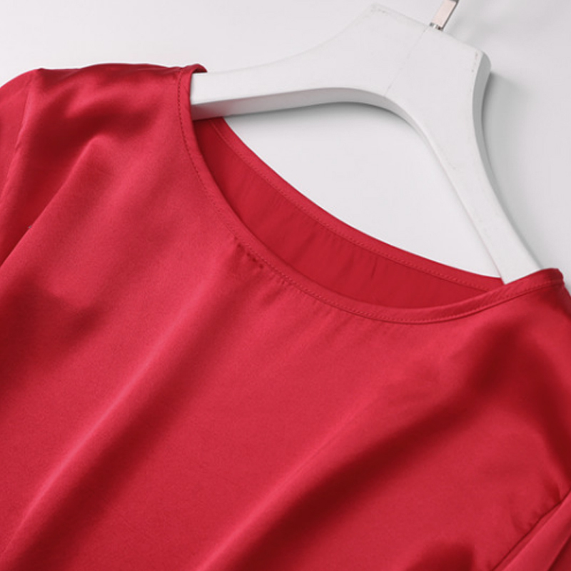 丁摩 19姆米真丝素绉缎七分袖圆领上衣桑蚕丝T恤·红色