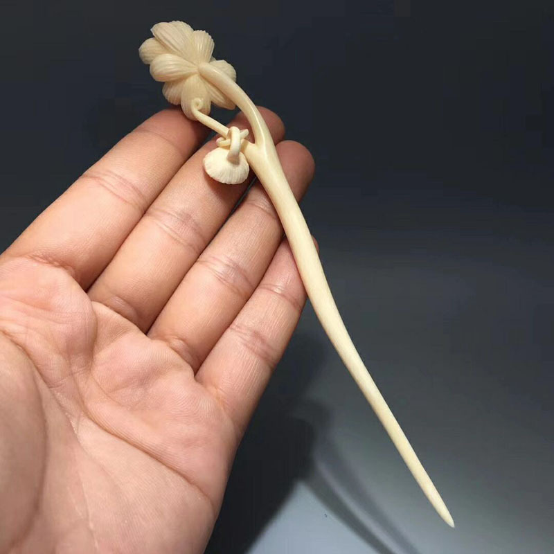 老冯记猛犸象牙精工莲花发簪优雅古国风十足上身古朴典雅大师手工精雕