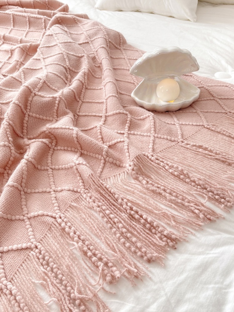 多宝雅针织流苏搭毯搭巾盖毯沙发巾床尾毯·嫩粉色