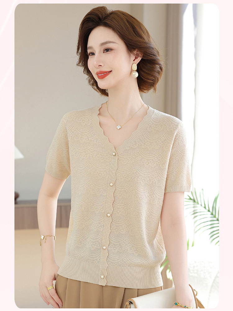 欧奈丝 女士波浪领大码提花短袖冰麻衫6158925·肉粉色