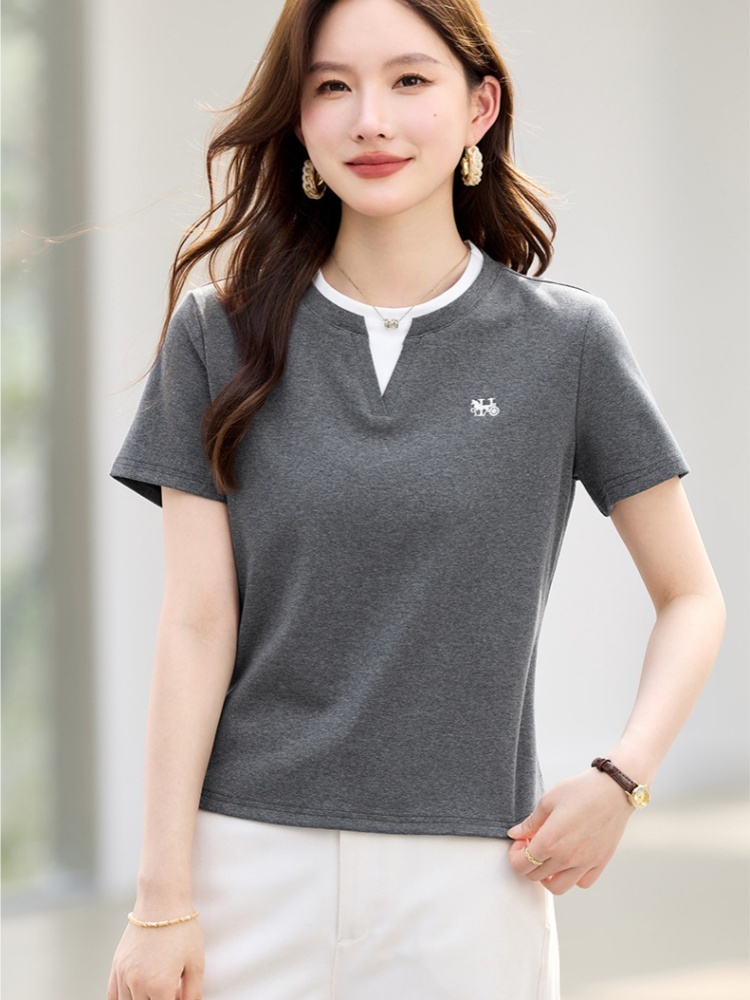 【92精梳棉】轩凌子假两件小V领刺绣短袖T恤XS82620059·藕粉色