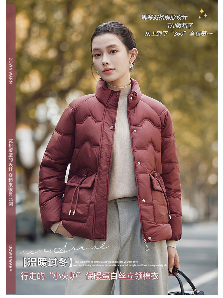 【爆款特价】时尚立领蛋白丝拉链口袋保暖羽绒棉外套·驼色