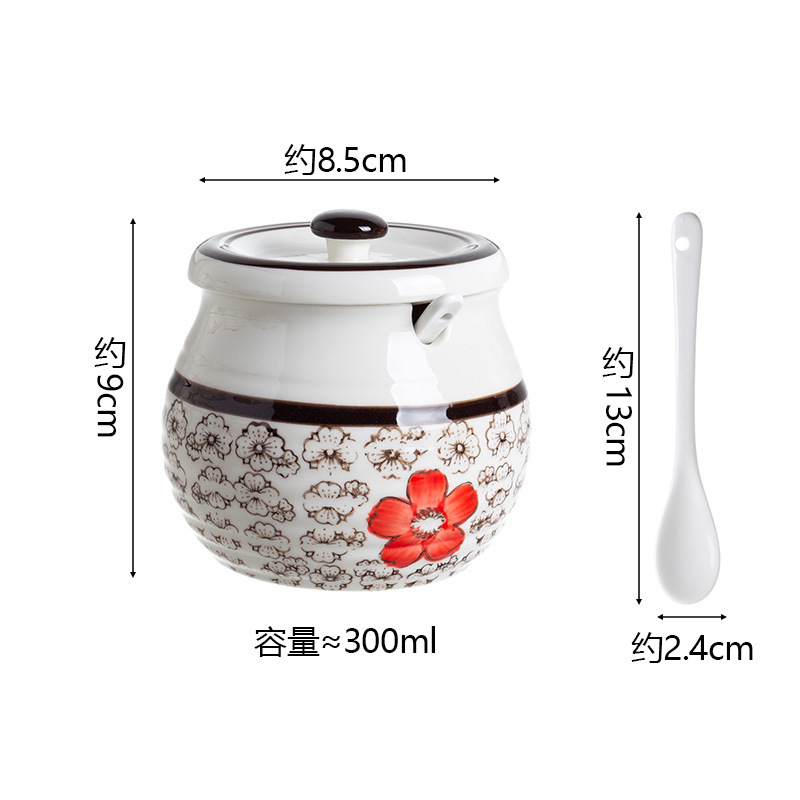日式陶瓷猪油罐家用耐高温辣椒油罐带盖勺调料罐糖罐盐罐·红花