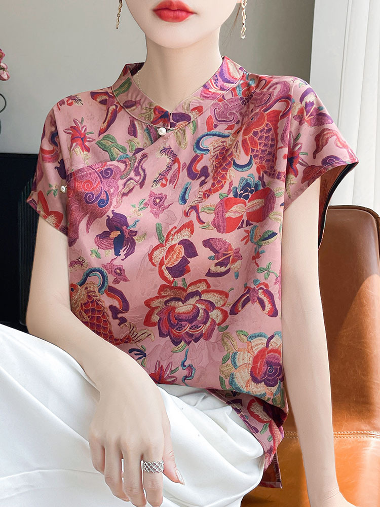 新款优雅醋酸缎面国风钉珠斜襟立领上衣·紫霞