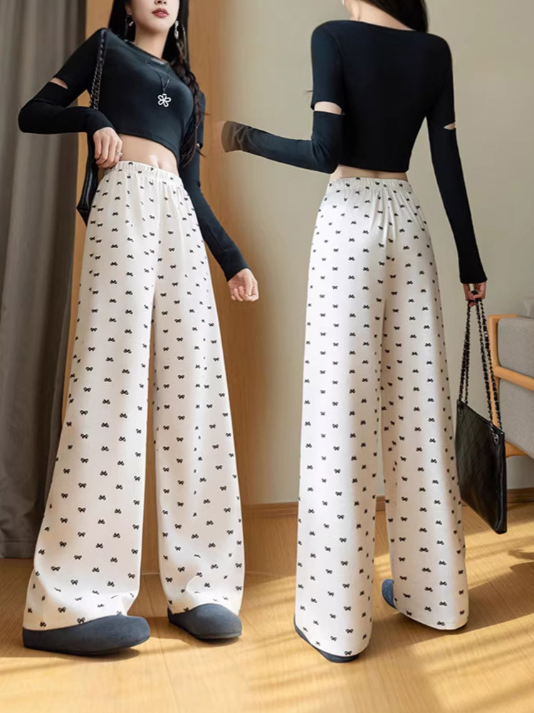 【新款特价】刺绣蝴蝶结宽松垂感百搭休闲直筒阔腿裤·灰色