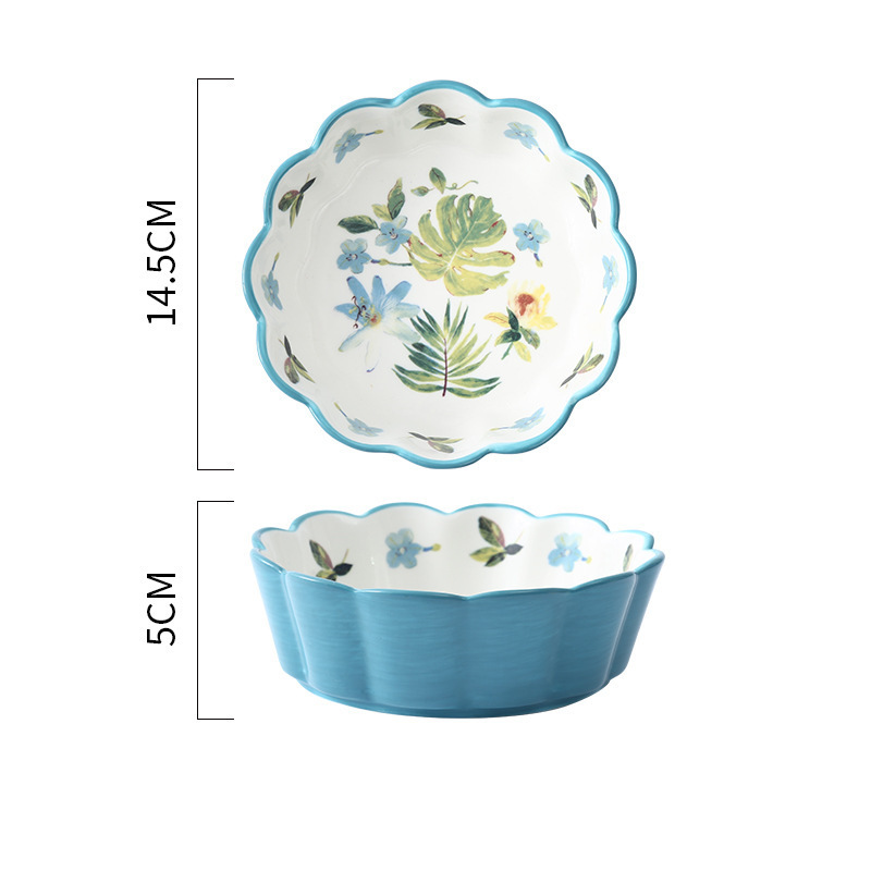 波浪花边陶瓷碗水果沙拉碗甜品碗家用釉下彩汤碗饭碗（450ml）·春暖花开