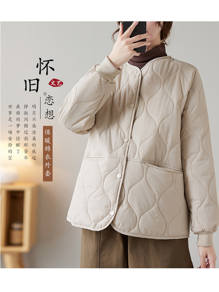 时尚花纹开扣口袋保暖百搭棉服外套·黑色