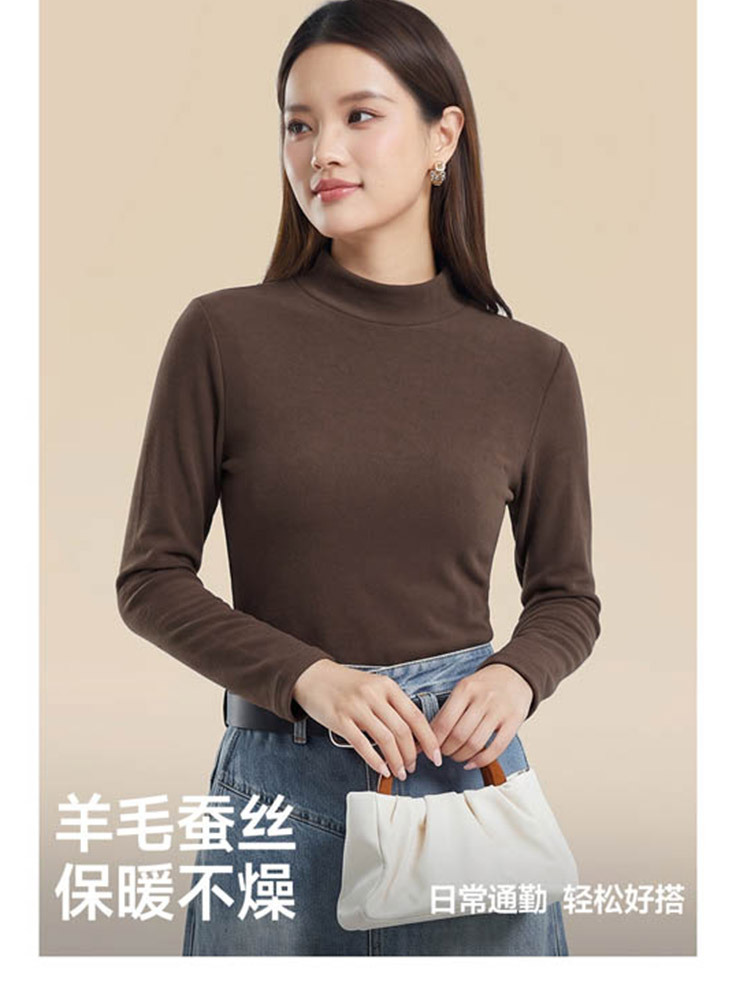 新款蚕丝羊毛260克磨毛保暖中高领显瘦百搭上衣·浅卡其