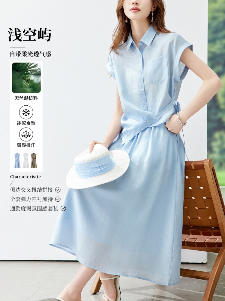 【天丝亚麻】可风各设计感半身裙两件套MJ66459·天蓝色