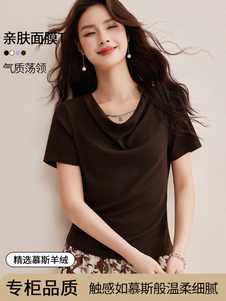 【羊绒触感】修娴高级感荡领修身T恤W34·黑色