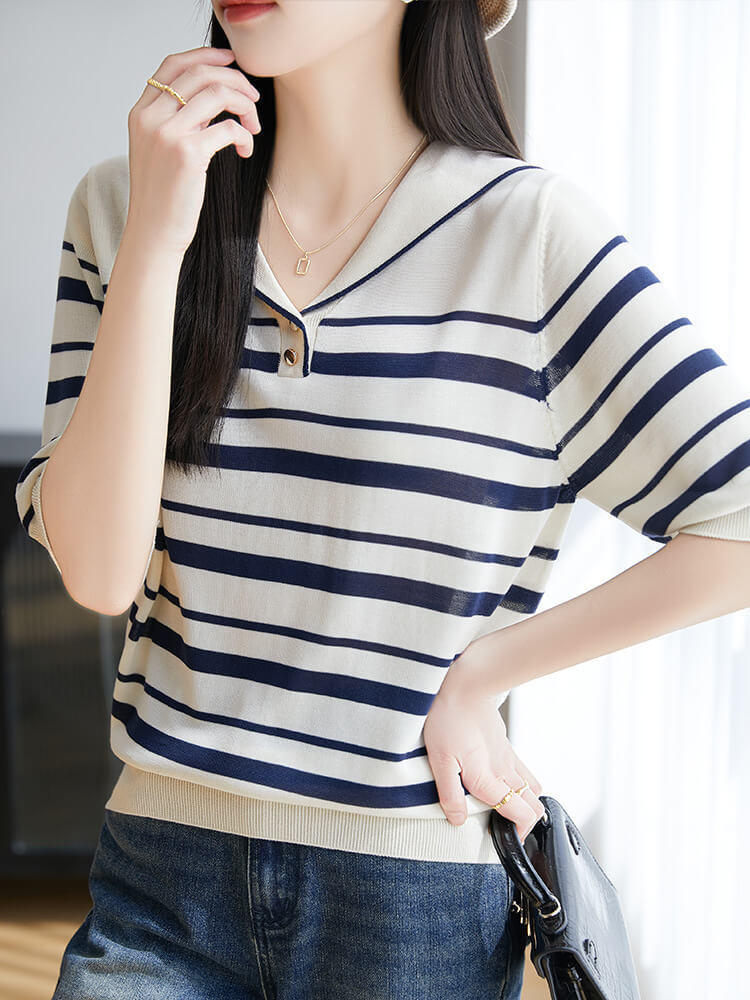 夏季海军条纹翻领短袖针织衫5007#·黑色条纹