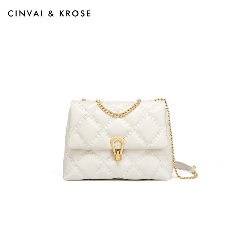 CinvaiKrose 感包包新款菱格包小香风牛皮斜挎包女包B6308·米白色