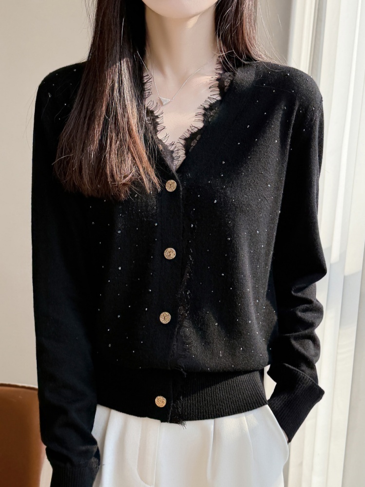 【精纺羊毛】特舒法式蕾丝花边V领套针织衫衣TS-609·藏蓝