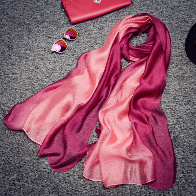 桑蚕丝棉长款渐变色优雅时尚披肩围巾·4号玫红紫