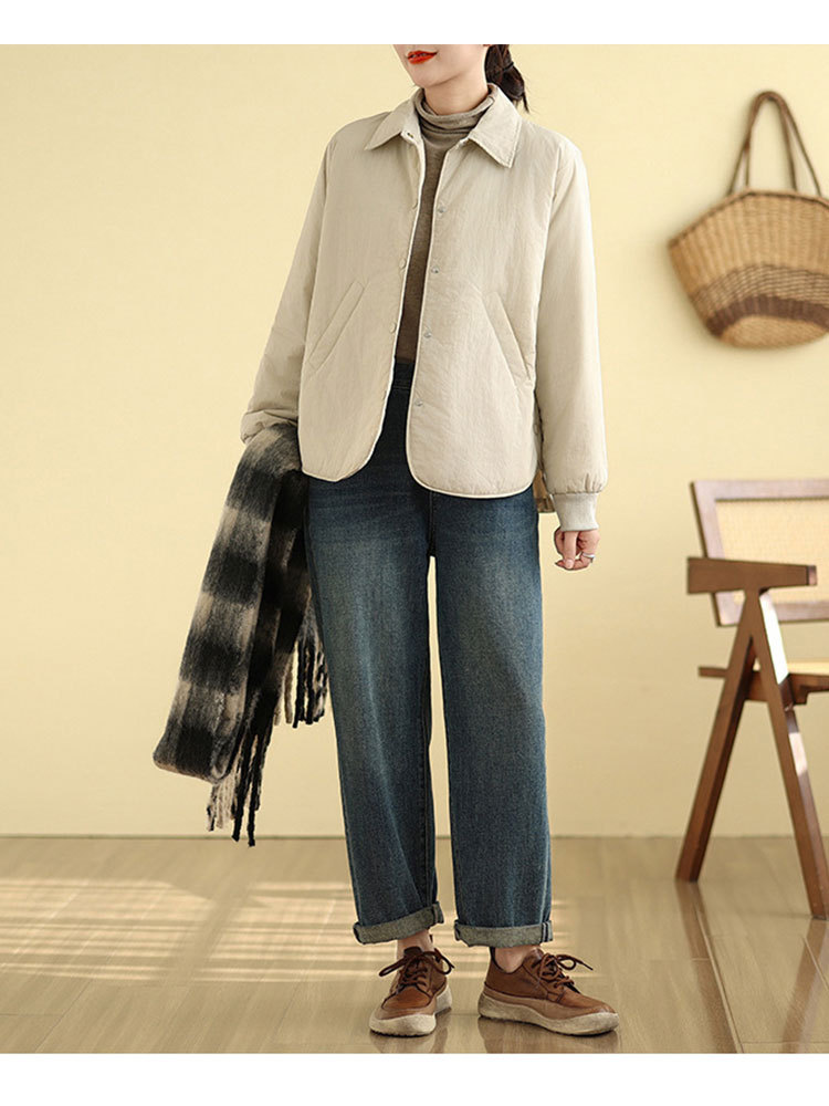 时尚翻领暗扣口袋宽松显瘦保暖轻薄棉服·白色