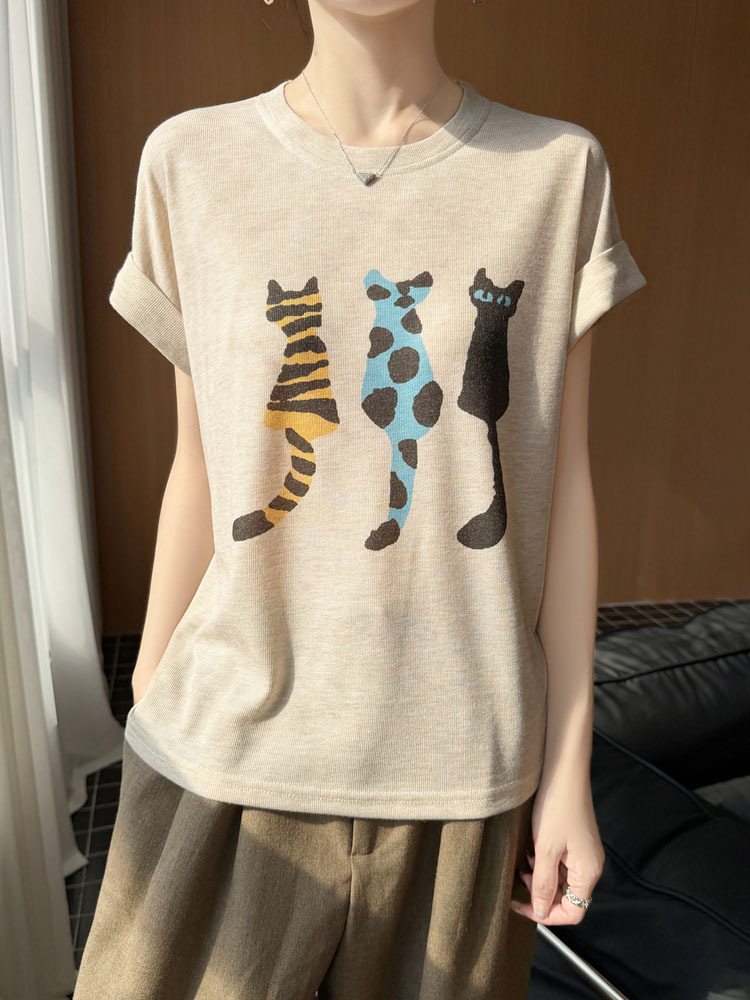 新款高支精纺莱赛尔透气多彩挽袖设计显瘦短袖·猫咪-白色