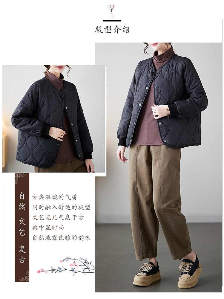 时尚花纹开扣口袋保暖百搭棉服外套·黑色