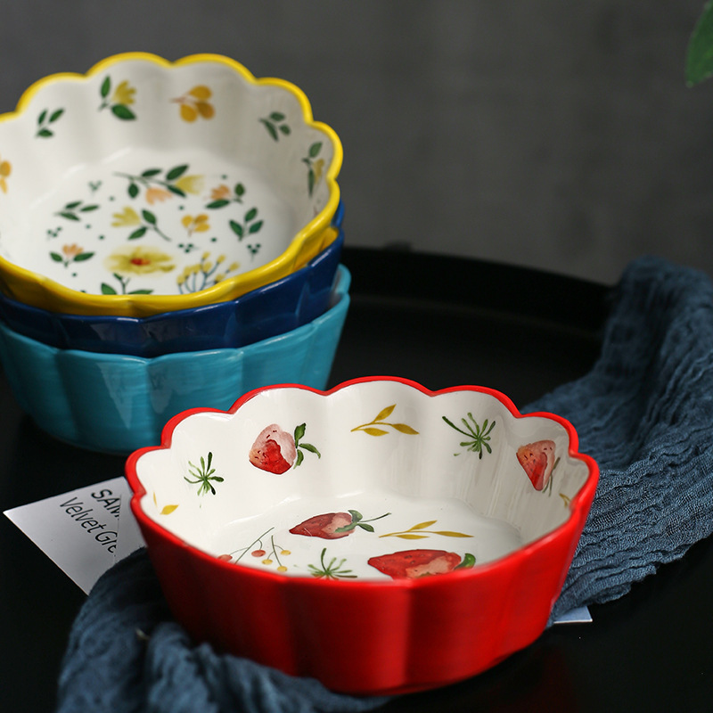 波浪花边陶瓷碗水果沙拉碗甜品碗家用釉下彩汤碗饭碗（450ml）·冬蓝寒开