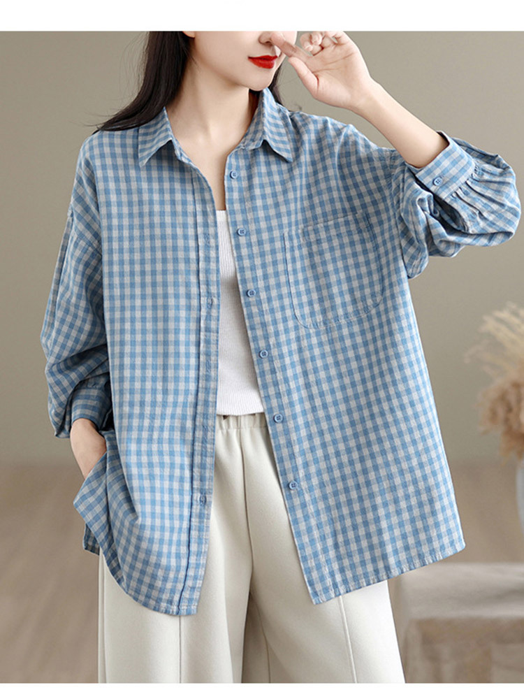 新款棉质格子宽松大码气质百搭长袖衬衫·浅蓝色