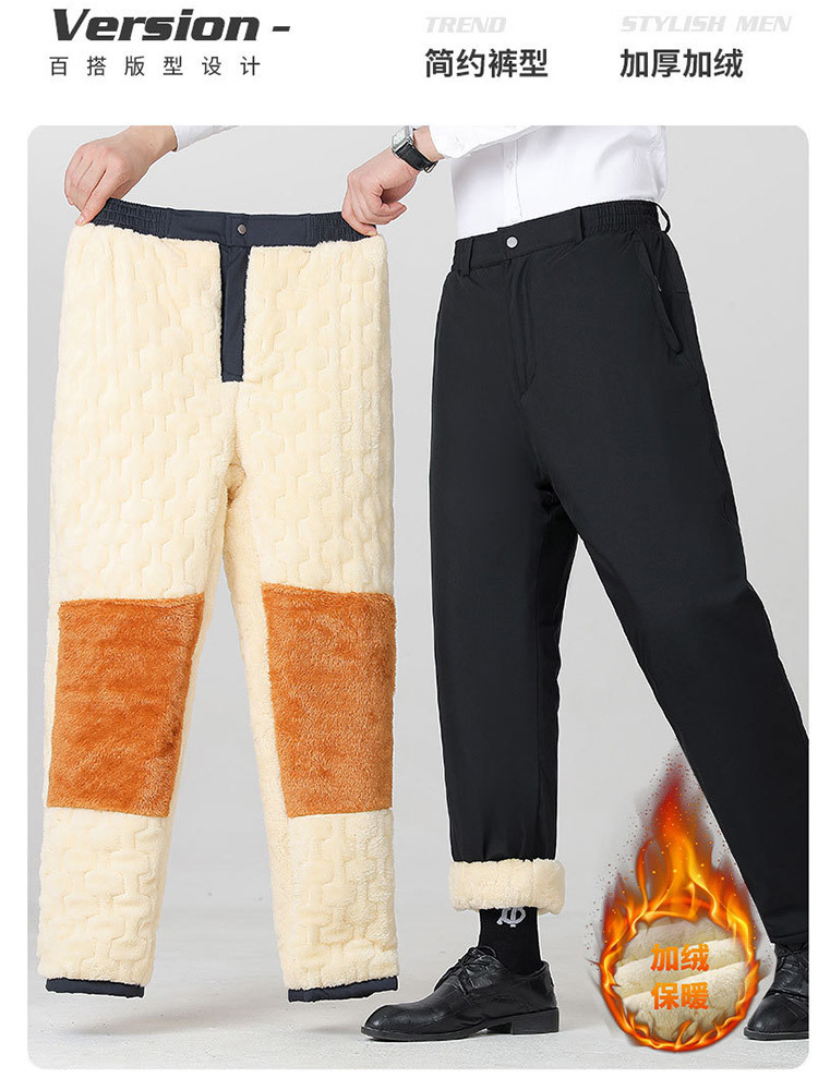 新款超厚羊羔绒保暖松紧腰门襟口袋男士西裤·藏青色