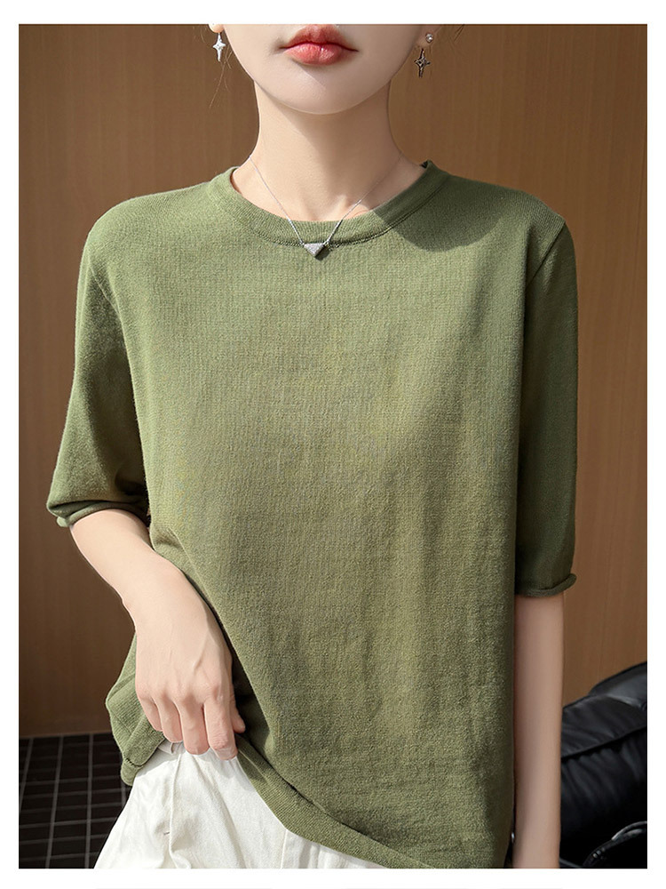 【100纯棉】新款时尚卷边宽松五分袖显瘦针织短袖·紫色