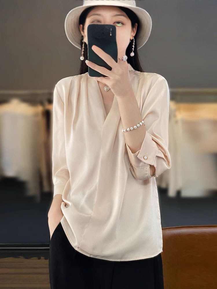 轻奢醋酸缎面V领七分袖宽松衬衫上衣02#·杏色