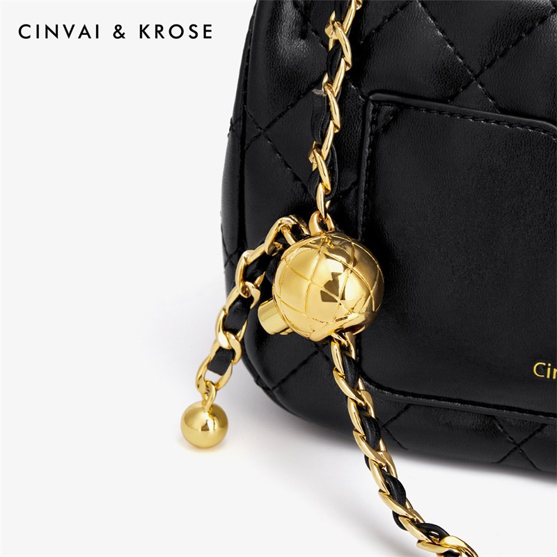CinvaiKrose 女包新款斜挎包金球小香风菱格链条腋下包B6330·菱格白