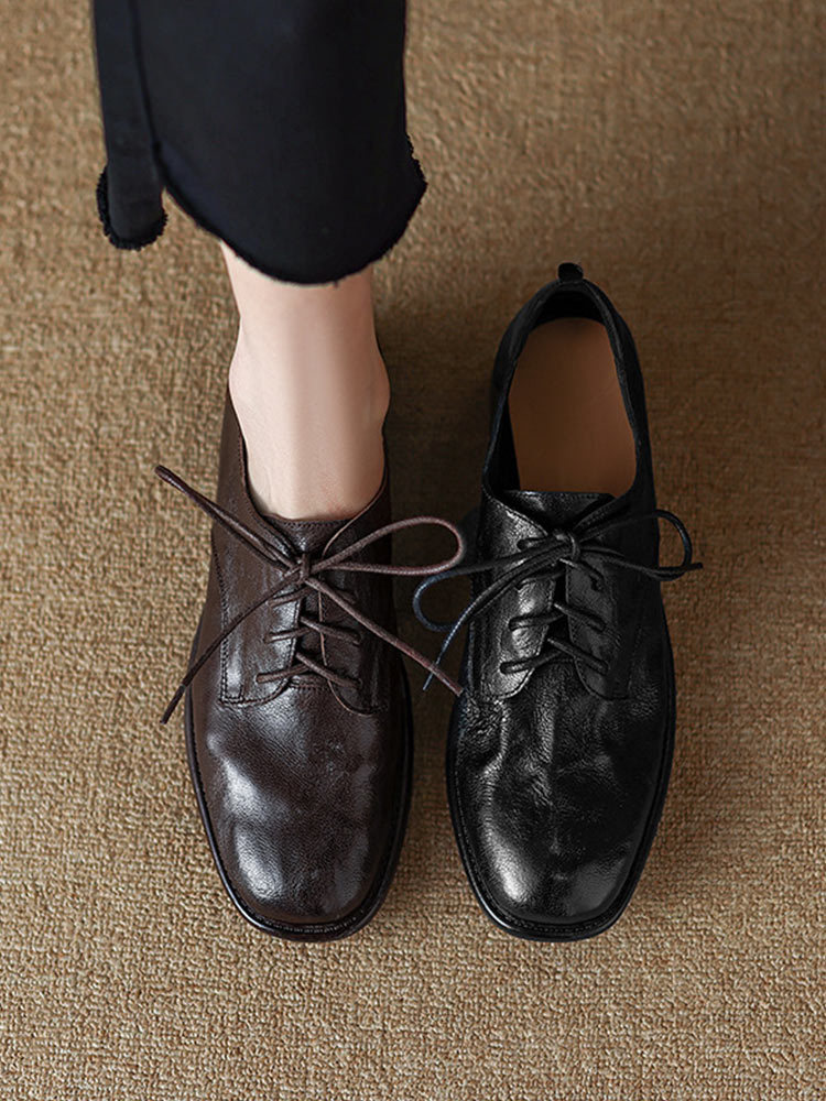 布休依-泓凯-头层牛皮系带复古低帮鞋粗跟方头小皮鞋·黑色