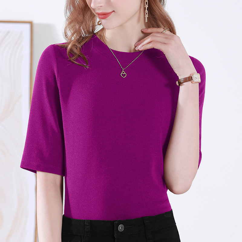 修娴超柔莫代尔棉优雅圆领五分袖T恤R6054·紫色