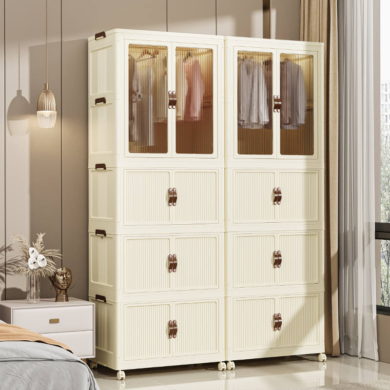 吉优百 免安装可折叠大容量整理置物收纳衣柜65cm一层衣柜+二层折叠柜·奶油白