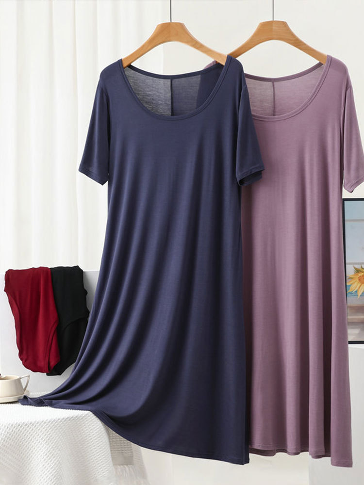 莫代尔睡裙宽松大码短袖连衣裙圆领休闲家居服长裙·AWLS-Y-6683暗紫