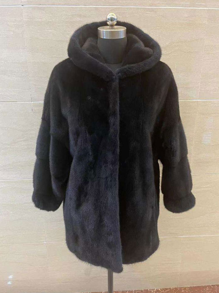 优梵奇连帽款优雅水貂大衣·深灰
