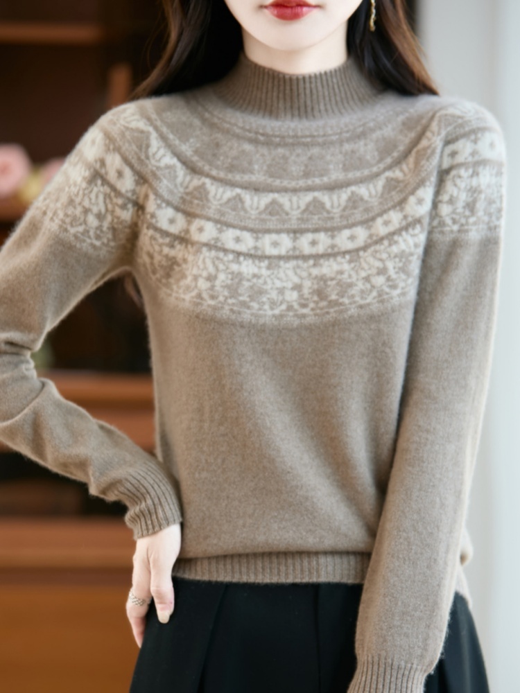 【100羊毛】特舒半高领重工提花毛衣TS-134·驼色