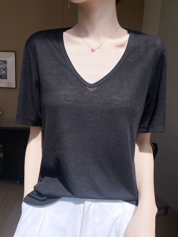 【爆款特价】凉爽透气莱赛尔天丝宽松舒适简约百搭上衣·V领-经典黑