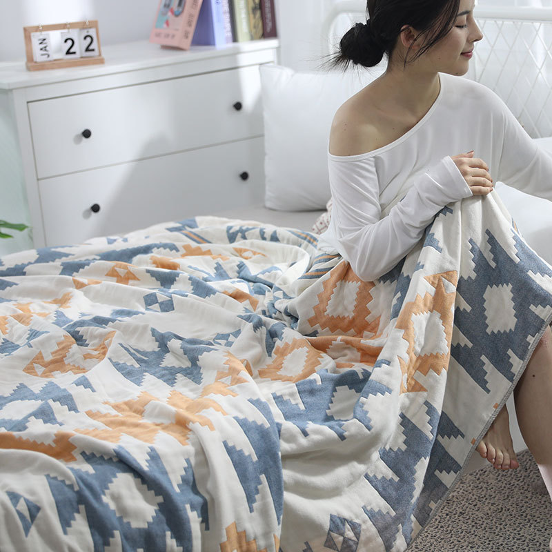 YENLN日系提花AB版四层加厚纱布毛巾被+枕巾·可可西里三件套