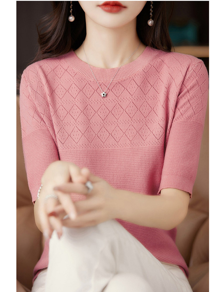 【新款特价】羊毛镂空设计感菱格气质百搭五分袖上衣·果绿色