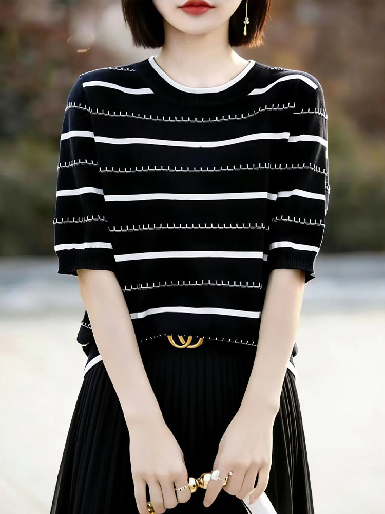 新款曲珠冰丝透气条纹显瘦针织五分袖·白色