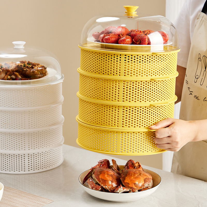 多功能多层可叠加镂空菜罩食物罩配菜篮餐具收纳·黄色