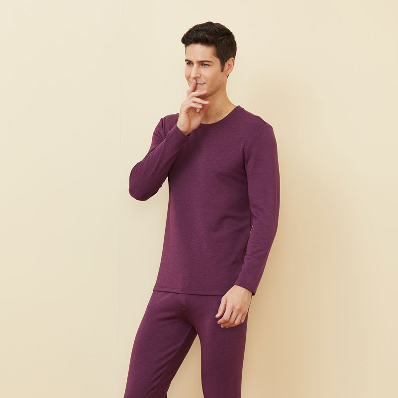 纤丝鸟暖焱舒暖男士圆领套装2套组·麻绛紫