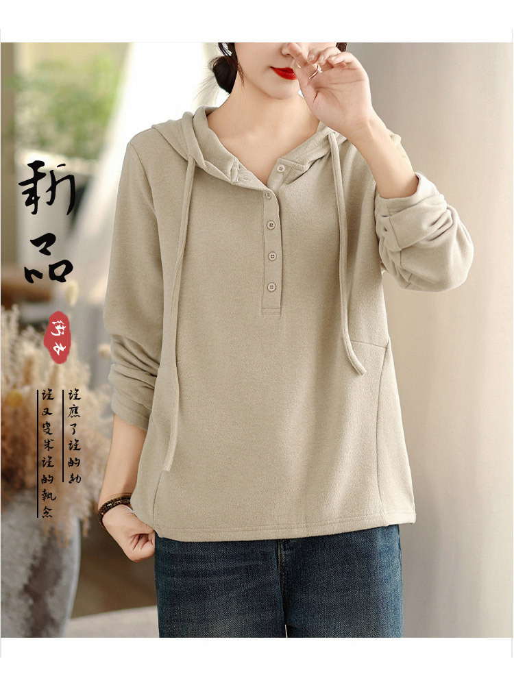 新款德绒文艺复古宽松显瘦休闲抽绳连帽卫衣·杏色