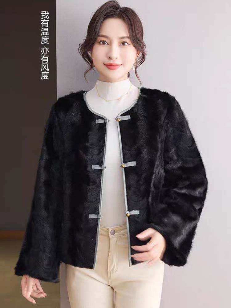米彩微姿 新中式两面穿盘扣水貂皮草大衣·绿色