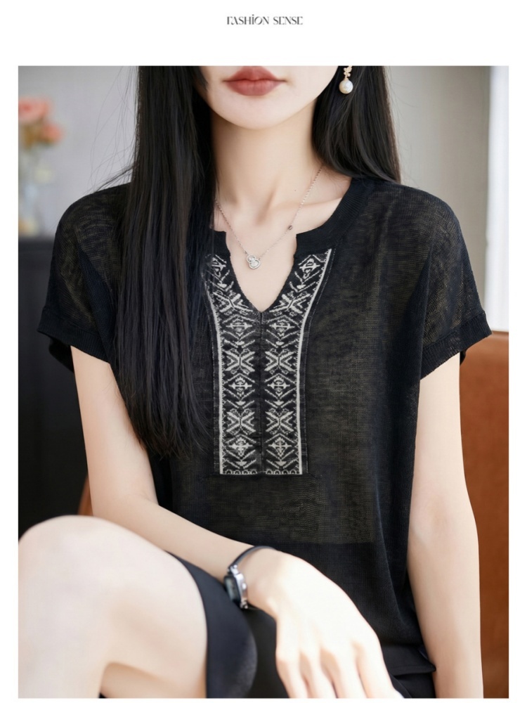 特舒竹节麻V领几何提花针织衫YD-344·白色