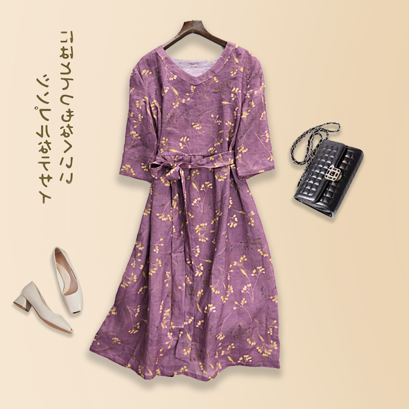 岐氏姐妹 夏季苎麻中长款连衣裙棉麻裙子Q122035 H·紫色