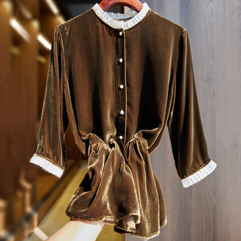 丁摩真丝丝绒上衣女春秋新款高端金丝绒衬衫高贵洋气t恤q121195咖色