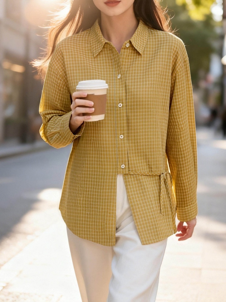 100棉可风各梭织侧系带格子衬衫61080·姜黄色