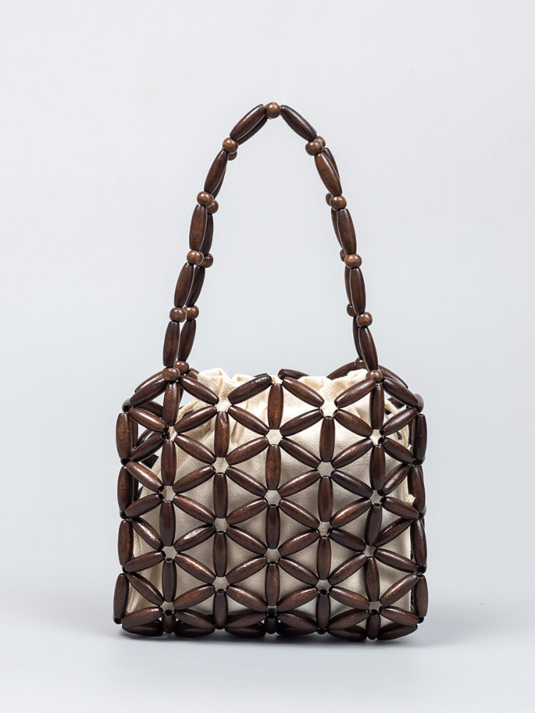 设计感手工镂空木珠串珠小手提包BB-23002YX·奶白